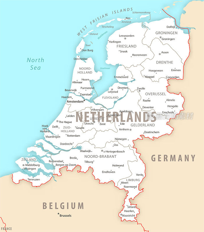 荷兰详细地图，有地区和城市的国家。