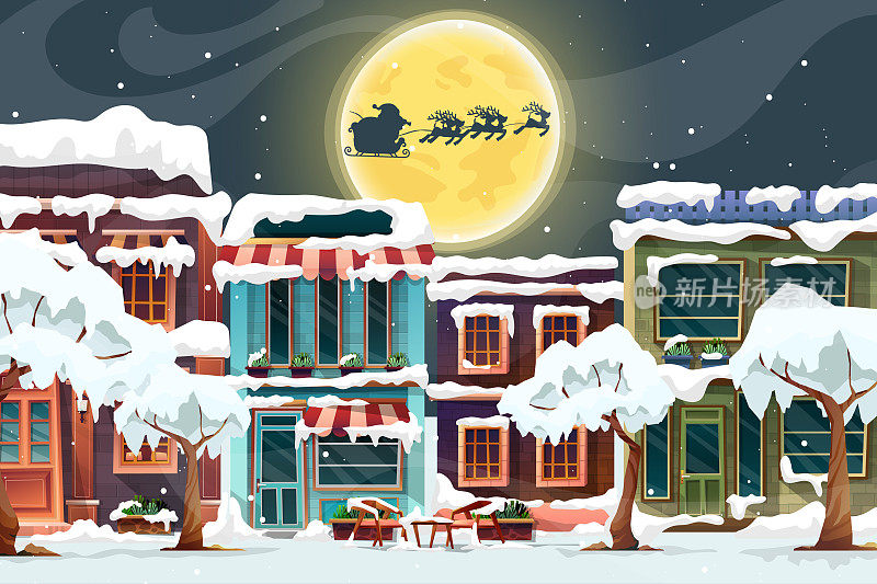 圣诞老人的雪橇在屋顶和烟囱在满月和下雪的圣诞夜。