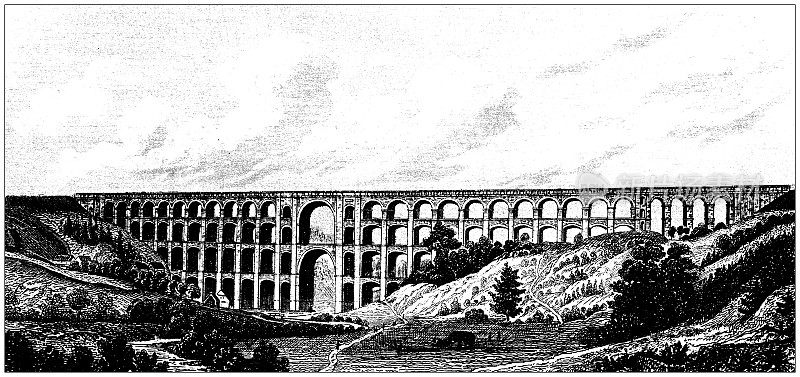 仿古雕刻插画，工程技术:桥梁建设，G?ltzsch高架桥