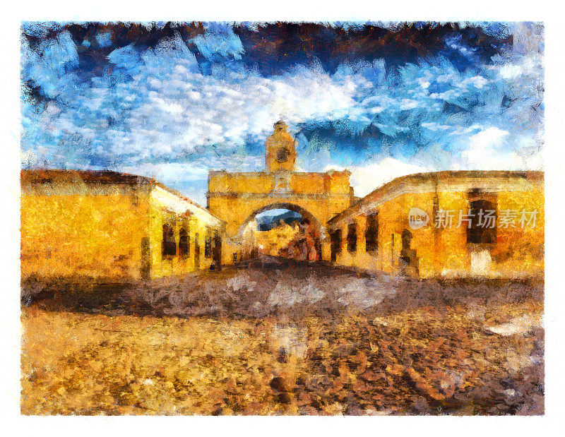 安提瓜市中心的圣卡特琳娜拱门-数码照片处理