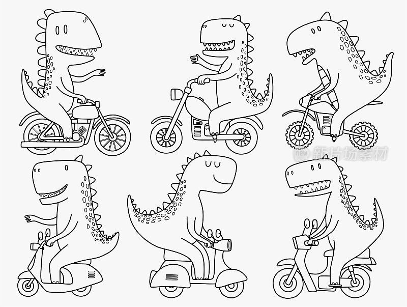 一组可爱的恐龙骑摩托车涂鸦。