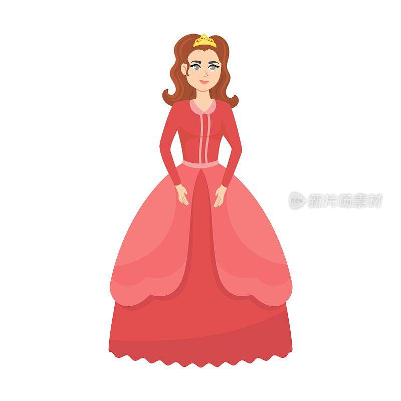 年轻美丽的深褐色的公主在红色的衣服和皇冠在头上，卡通矢量插图。优雅的童话女人穿着彩色的服装和连衣裙
