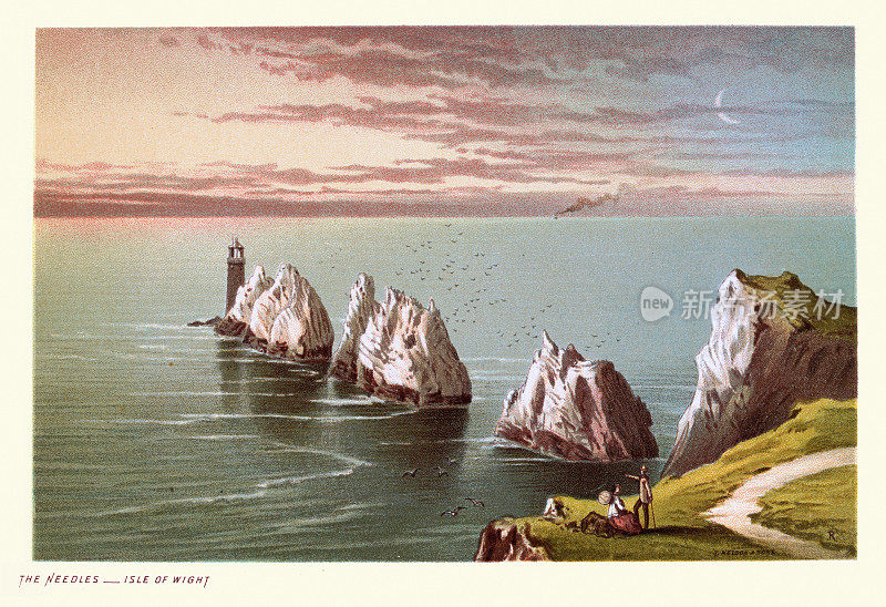 怀特岛的针岛，由三堆白垩组成的一排，高出海面约30米，维多利亚19世纪