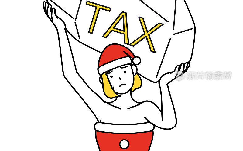 一个打扮成圣诞老人的女人因税收增加而受苦的简单线条插画