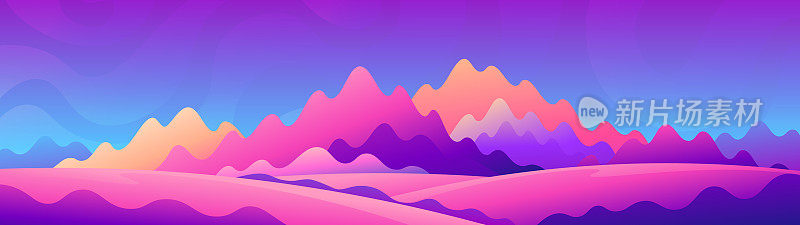 色彩斑斓的抽象几何山。幻想的宽屏自然景观。