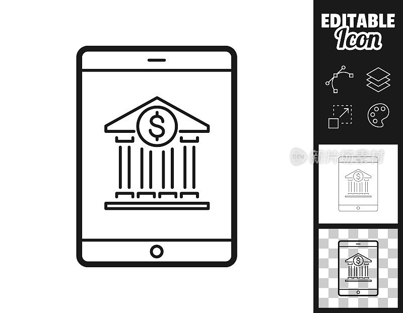 平板电脑与银行。图标设计。轻松地编辑