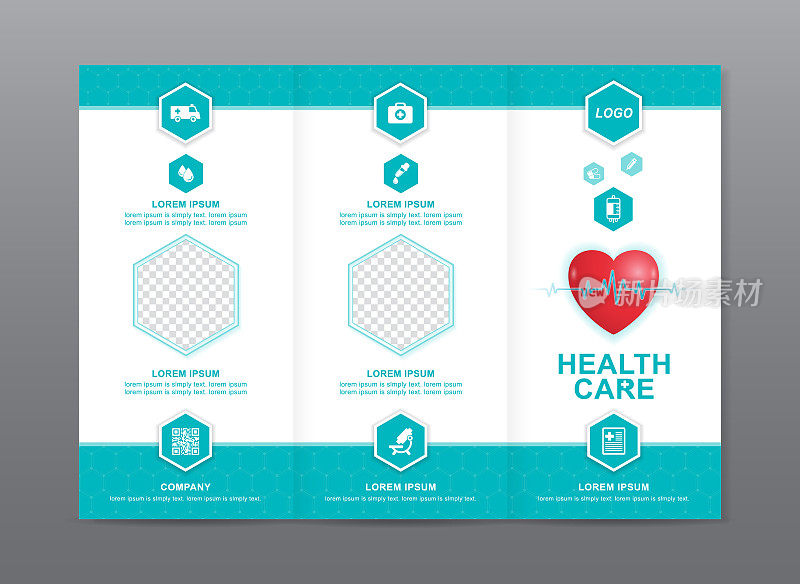 卫生保健和医疗小册子设计，传单，传单模板与地方的照片装饰印刷和展示矢量插图