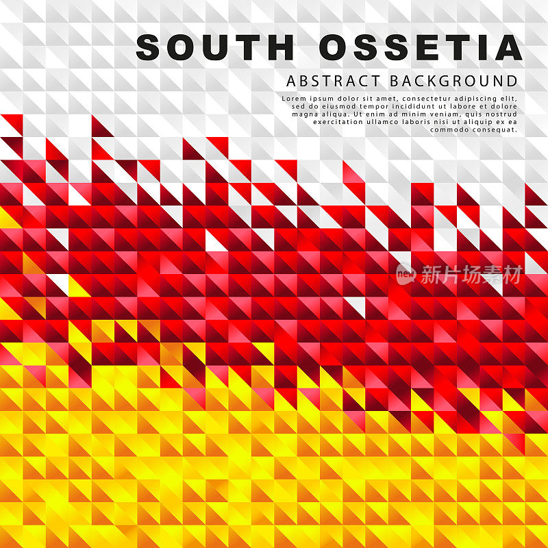 南奥塞梯国旗。抽象背景小三角形形式的彩色白、红、黄条纹的南奥塞梯国旗。