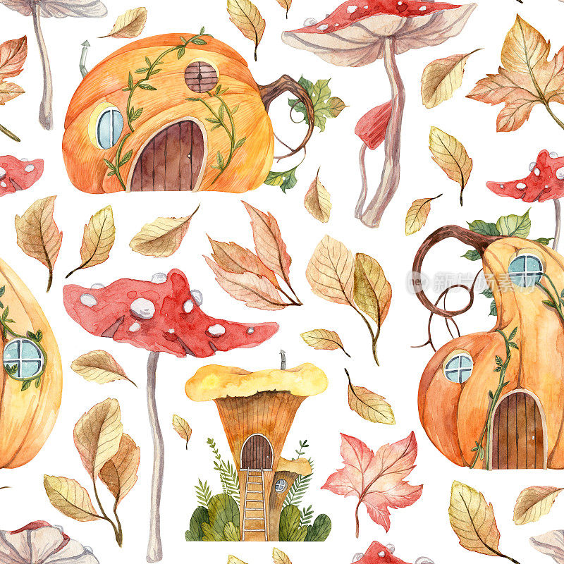 方形无缝图案与可爱的秋天蘑菇屋和枯萎的树叶南瓜。水彩手绘壁纸和包装纸设计