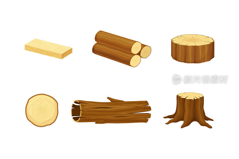 木材材料与原木，树桩和木板向量集
