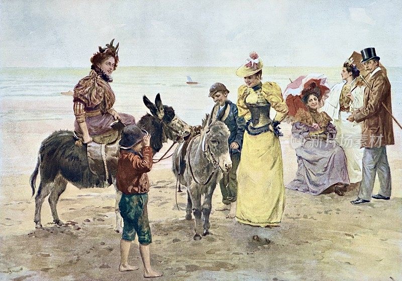 一家人在海滩上，骑着驴子