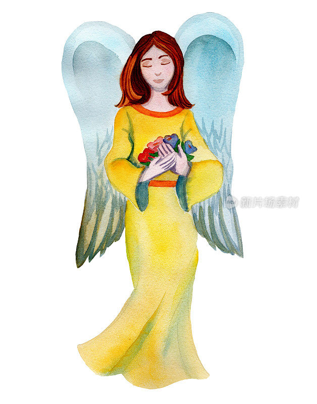 手持鲜花的神圣天使水彩手绘人物，宗教节日插画
