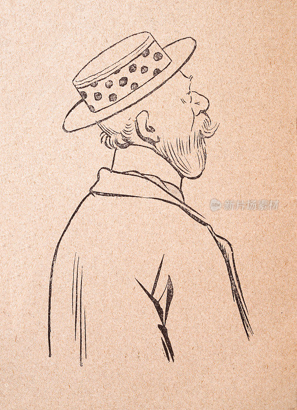 人物素描的成熟男子胡子戴有斑点图案的船帽，法国1890年代，19世纪