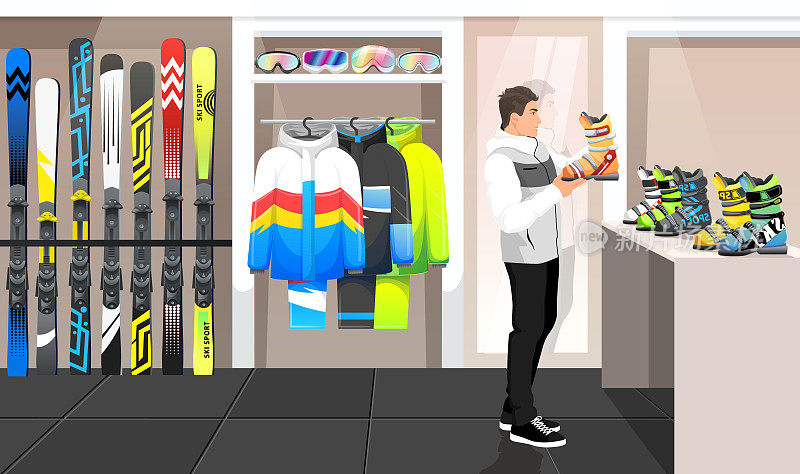 滑雪者冬季运动装备店，店内内饰。租用山地滑雪、滑雪板设备。适合滑雪场、山地活动的元素。冬季活动精品。矢量图