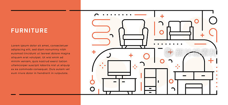 家具网页横幅模板与细线插图