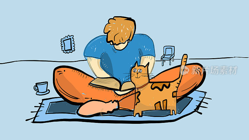 年轻人和他的猫一起看书