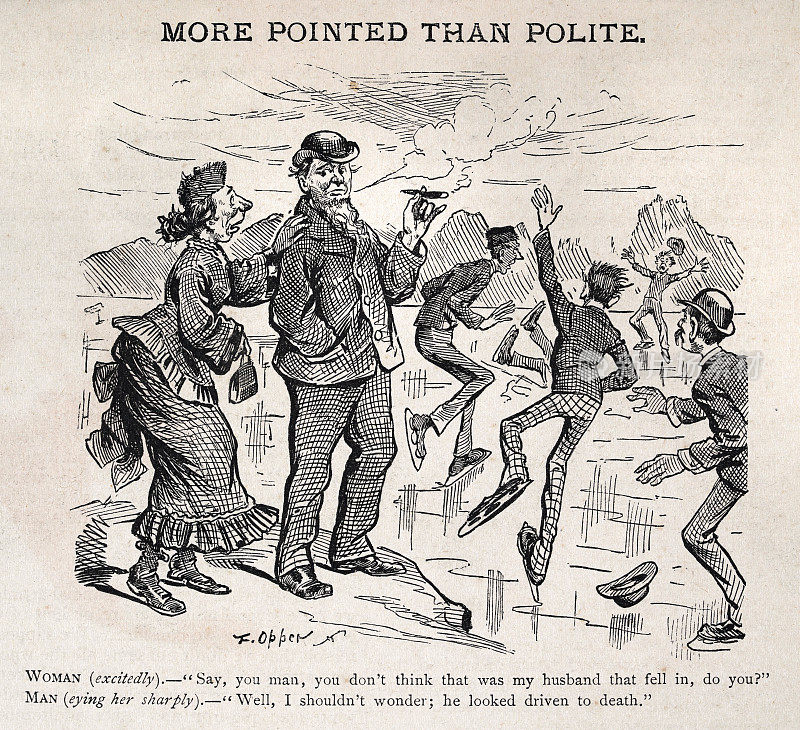讽刺婚姻的美国漫画，丈夫坠入冰窟，19世纪，1884年