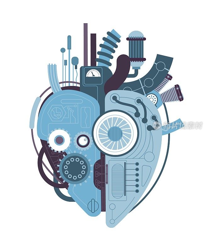 机械的心。机器心脏，爱电机工业泵复杂齿轮管道电缆，机器人钢心脏蒸汽或赛博朋克创意纹身，精彩的矢量插图