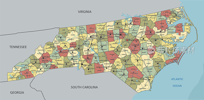 北卡罗莱纳州-高度详细的可编辑的政治地图与标签。