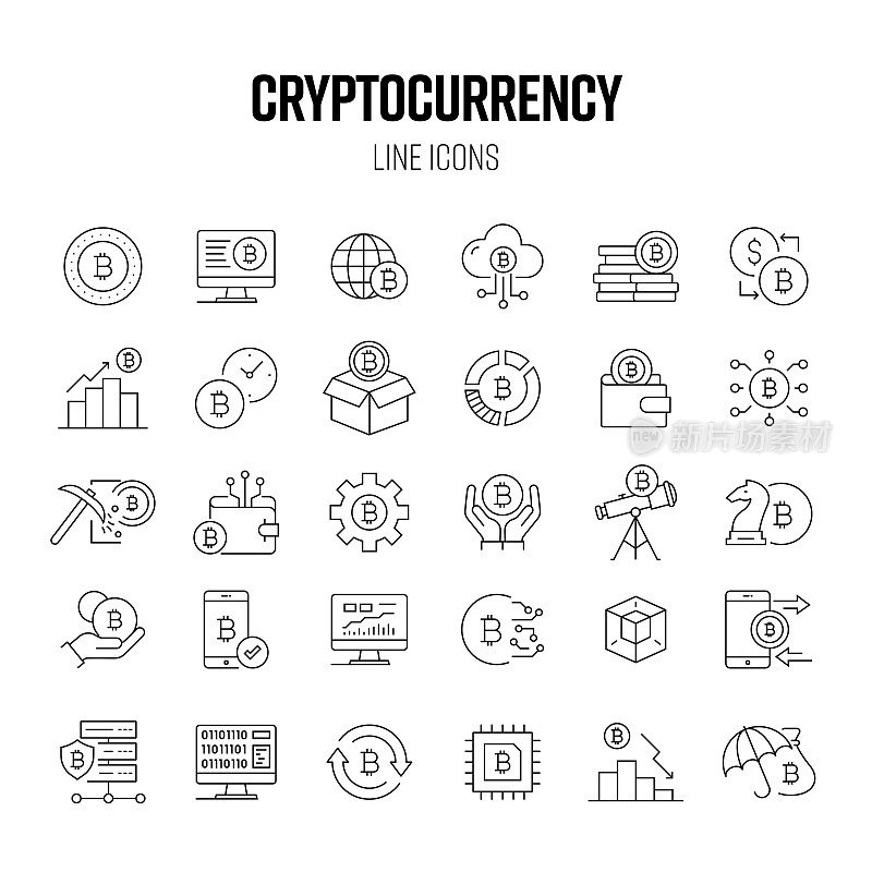 加密货币线路图标设置。比特币，区块链，数字钱包，未来