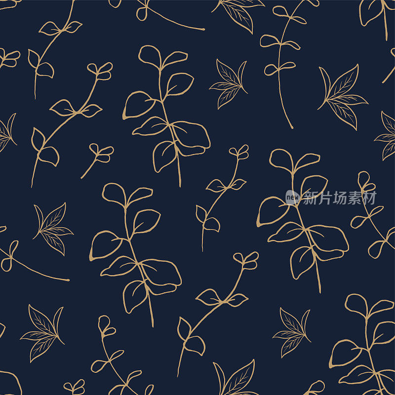 豪华无缝模式米色香草花束在深蓝色背景。中国风格的启发。