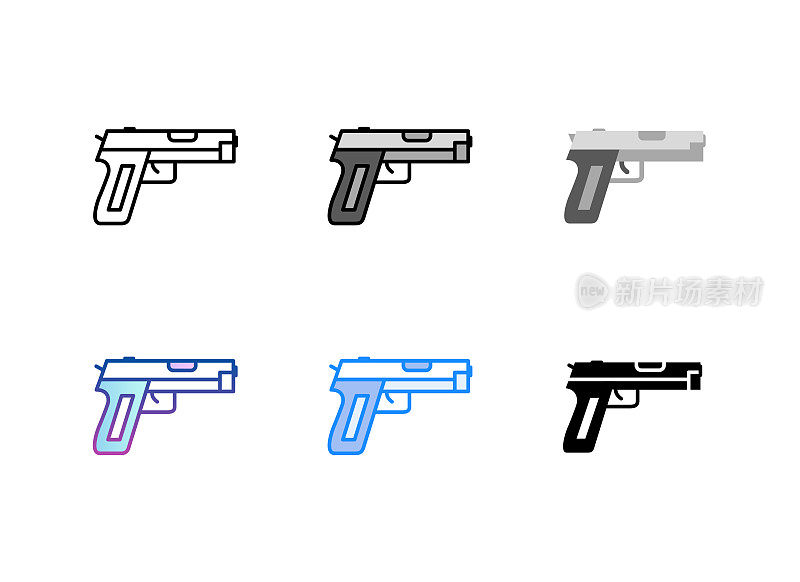 手枪图标。6不同的风格。可编辑的中风。
