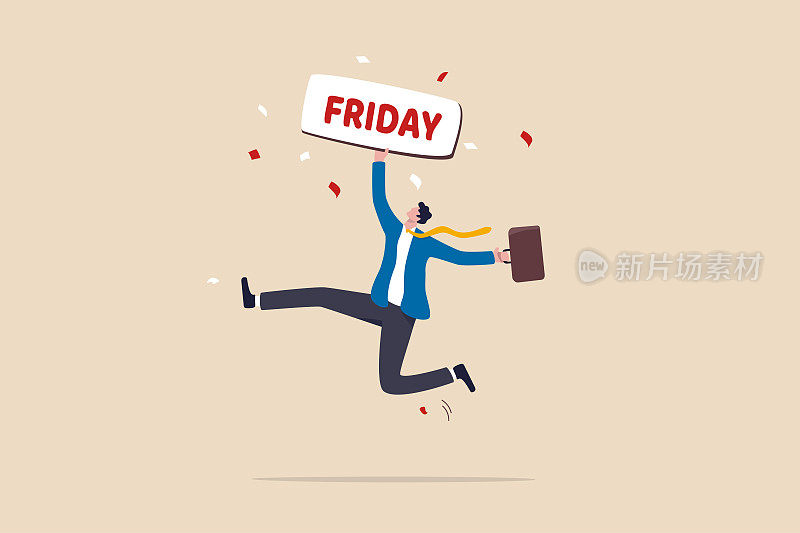 快乐的星期五，放松或享受最后一个工作日，拥抱周末，尝试常规的日常工作员工，快乐的生活方式后紧张的一周，快乐的商人跳，同时持有星期五的标志。