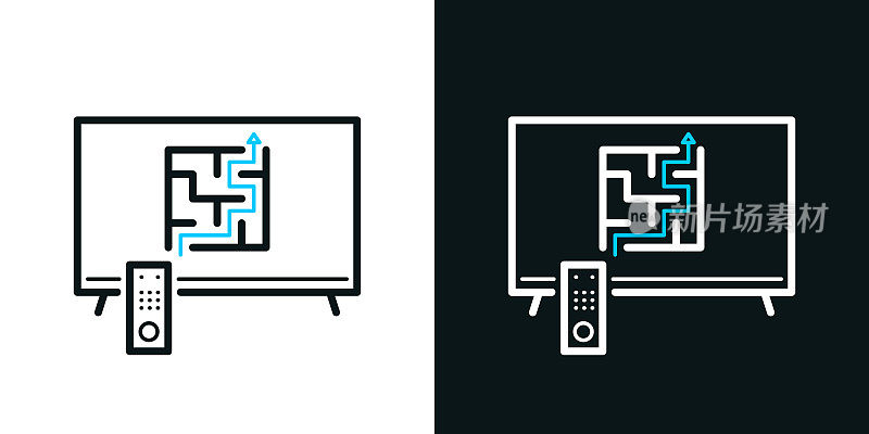 有迷宫的电视。黑色或白色背景上的双色线条图标-可编辑笔触