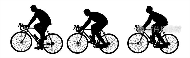 体育比赛。男人。运动和人。骑自行车的团体运动娱乐。骑自行车的人。骑在自行车顶上的那个人。一个男人的白色背景上的黑色剪影。侧视图、侧面图