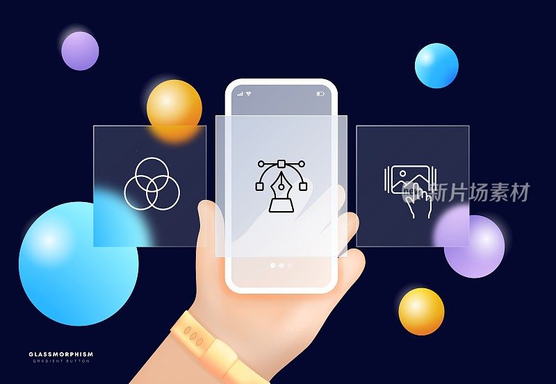 照片编辑应用程序图标集。用于编辑、增强的软件或应用程序的插图。摄影的概念。Glassmorphism。UI手机应用屏幕。矢量线图标的业务