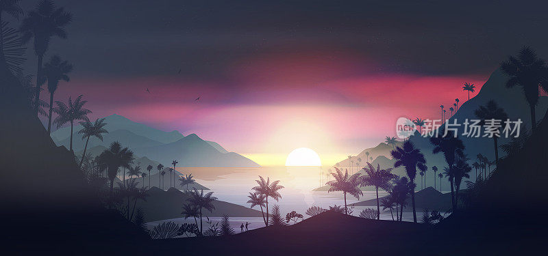 热带海滩上的日落和棕榈树的海报