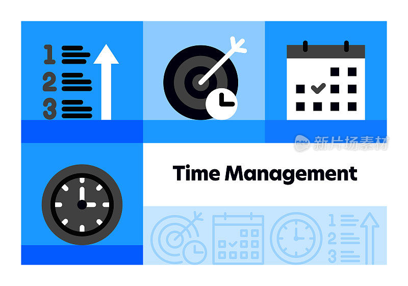 时间管理线图标集和横幅设计。