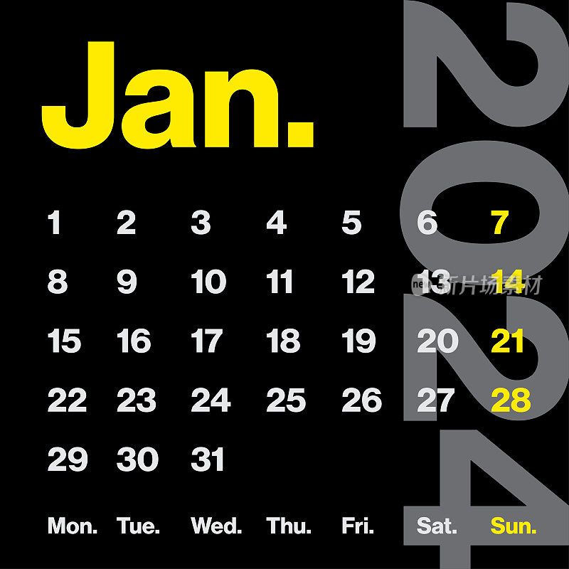 2024年1月-月历。极简风格的方形日历。向量模板。这一周从星期一开始