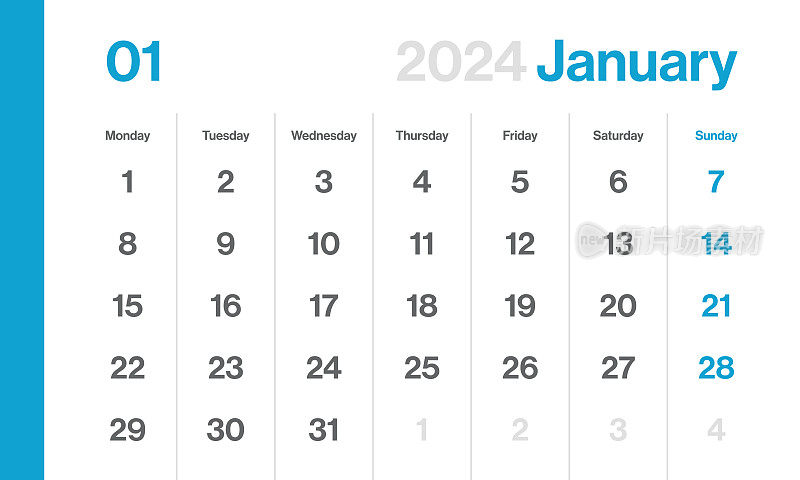 2024年1月-月历。极简风格的景观水平日历2024年。向量模板。这一周从星期一开始