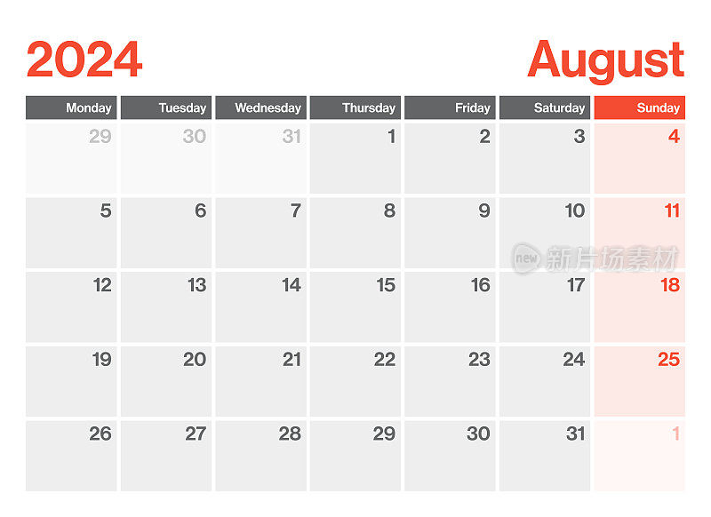 2024年8月-日历规划师。极简风格的景观水平日历2024年。向量模板。这一周从星期一开始