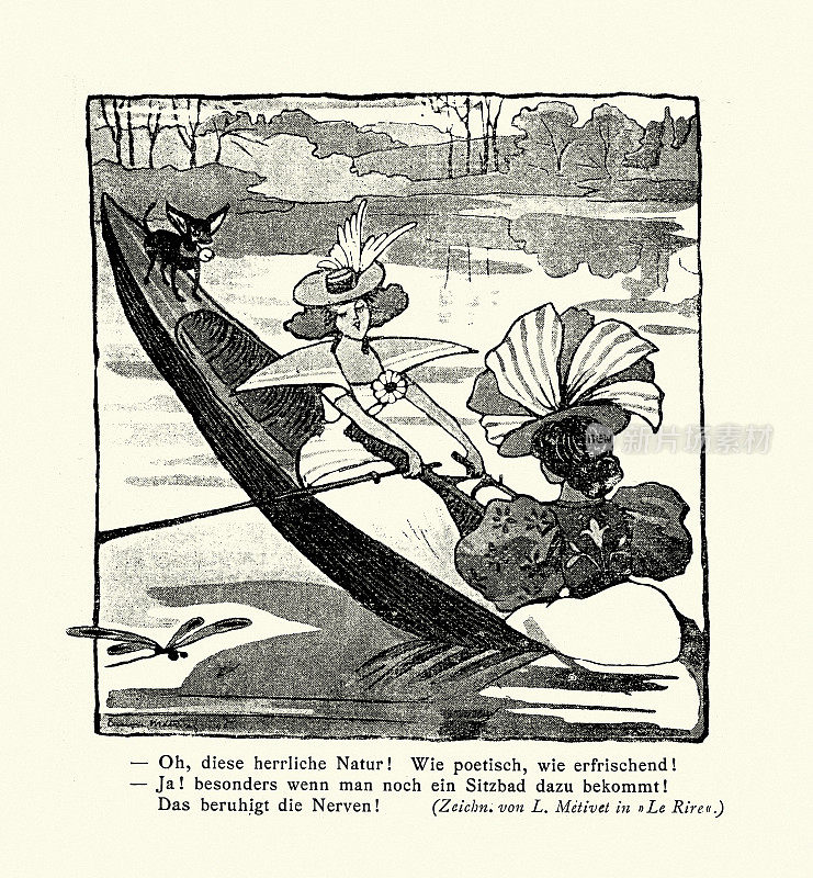 讽刺漫画两个女人在下沉的划艇上，青年派，新艺术，19世纪90年代