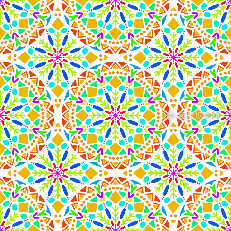 水彩多色摩洛哥瓷砖无缝图案。几何花卉背景。无缝矢量瓷砖图案，里斯本阿拉伯花卉马赛克，地中海无缝装饰。
