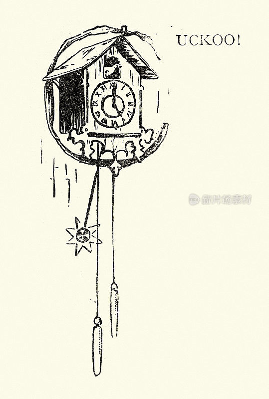 大写字母C的插图，杜鹃!时钟，维多利亚设计元素，19世纪