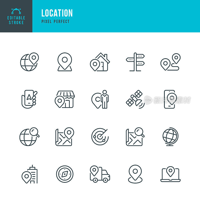 位置-一组矢量线性图标。像素完美。可编辑的中风。该套装包括位置，指南针，地图Pin图标，地图，旅游目的地，手机，方向标志，地球仪，送货车，位置，路线搜索，卫星，著名的地方。