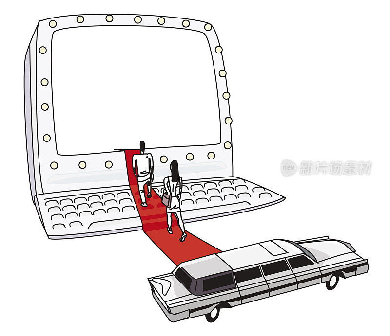 网红们从豪华轿车里走出来，进入红地毯上的电脑屏幕