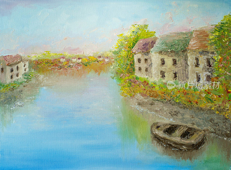 在画布上描绘城镇日出的油画艺术。现代印象派艺术作品的房子，河流和船。