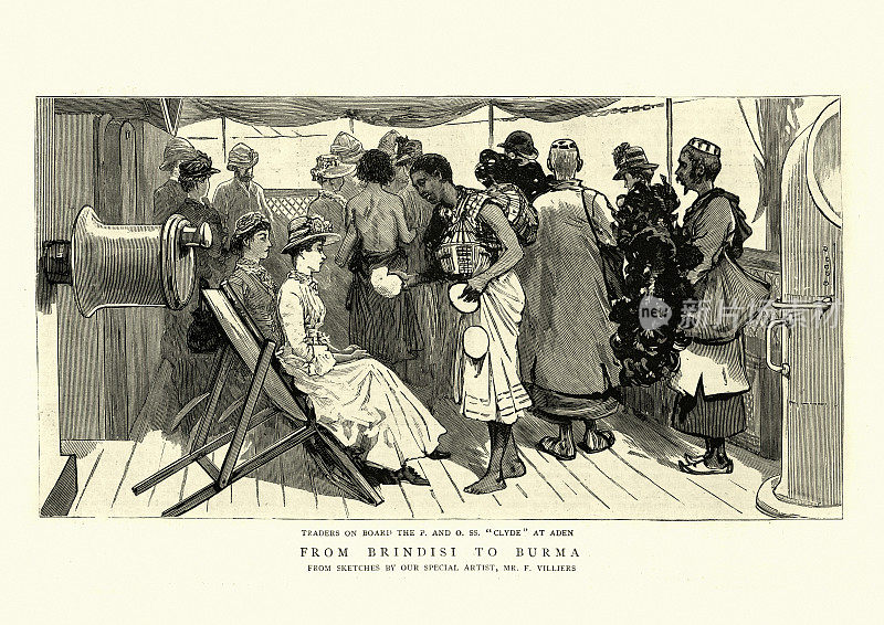 街头商贩向轮船乘客出售货物，亚丁，维多利亚，1886年