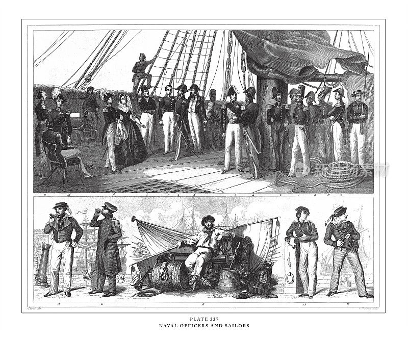 海军军官和水手雕刻古董插图，出版1851年