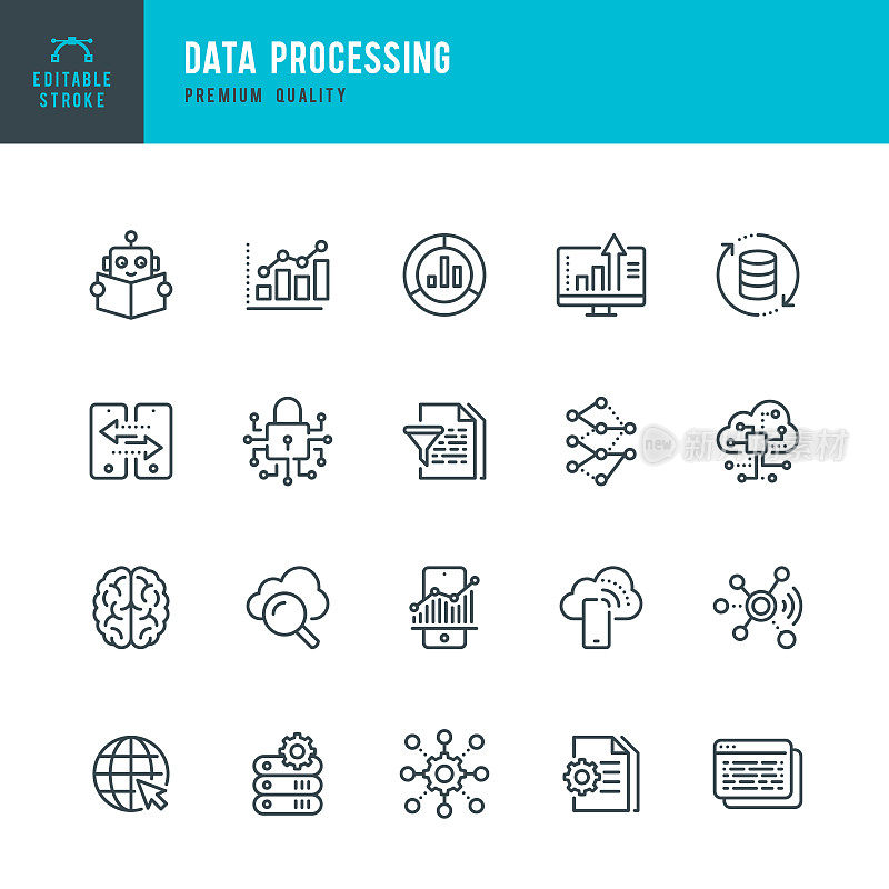数据处理-细线矢量图标集。可编辑的中风。像素完美。集合包含数据、信息图、大数据、云计算、机器学习、安全系统等图标。