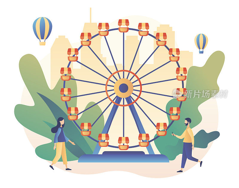 游乐园的概念。有旋转木马、过山车、气球、马戏团、游乐场和嘉年华的小人。现代平面卡通风格。矢量图