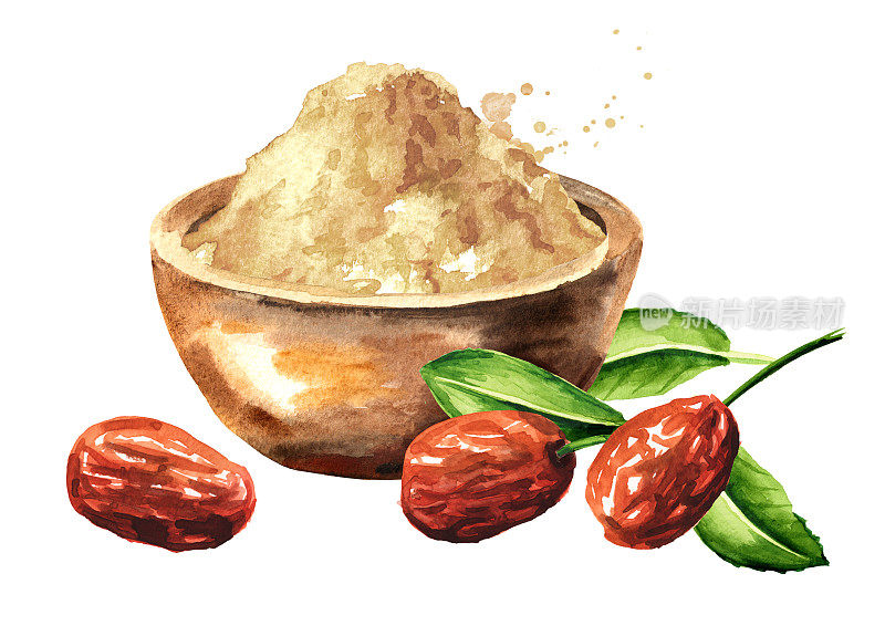 干乌纳比果，酸枣和碗与枣粉。手绘水彩插图孤立的白色背景