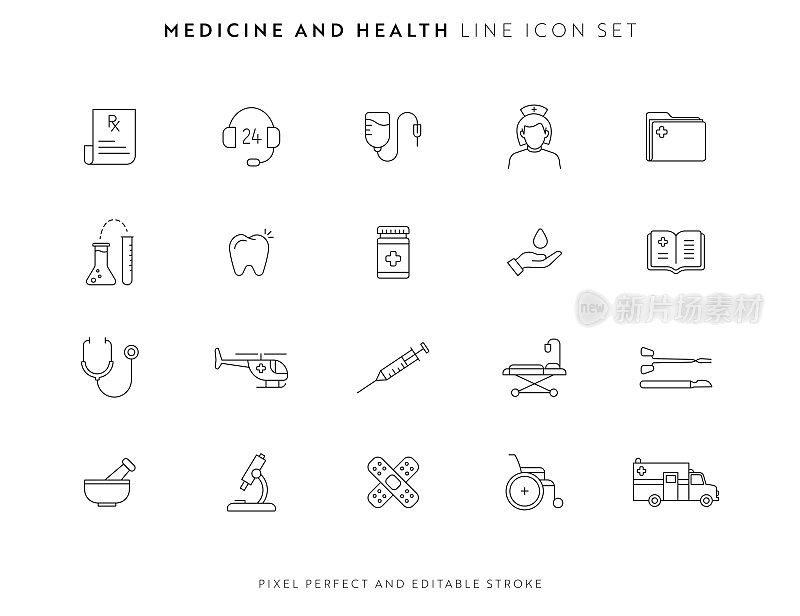 医药和健康图标设置可编辑的描边和像素完美。