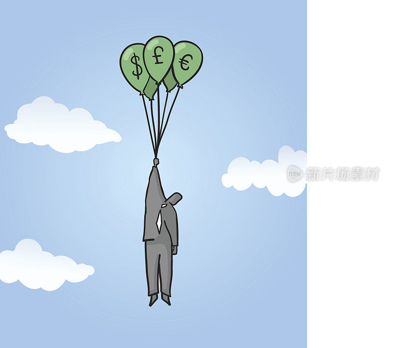 一个人拿着装满钱的气球飘在空中