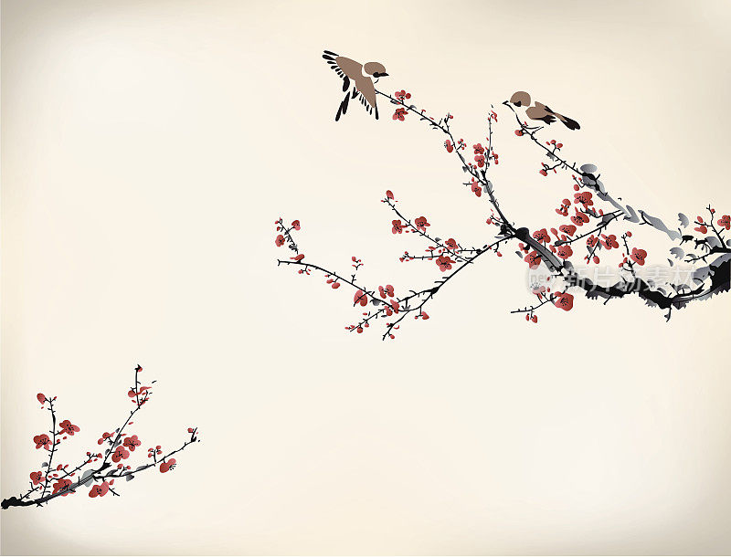 冬天日本樱桃树上的鸟的数码画