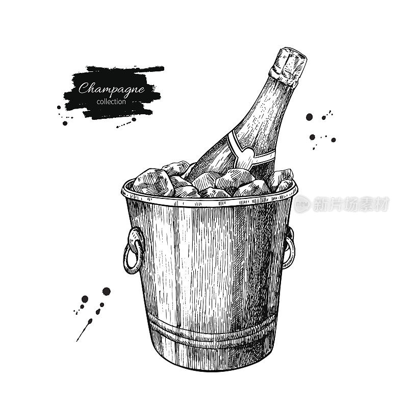冰桶中的香槟瓶。手绘孤立矢量插图。含酒精的饮料